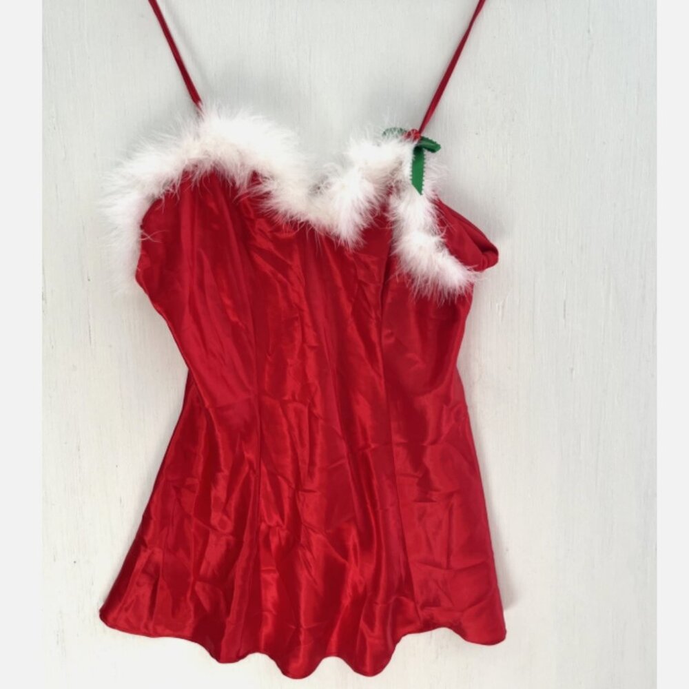CINEMA ETOLIE Vtg Red Satin Santa Babydoll Slip Lingerie Fur Trim Christmas S/M